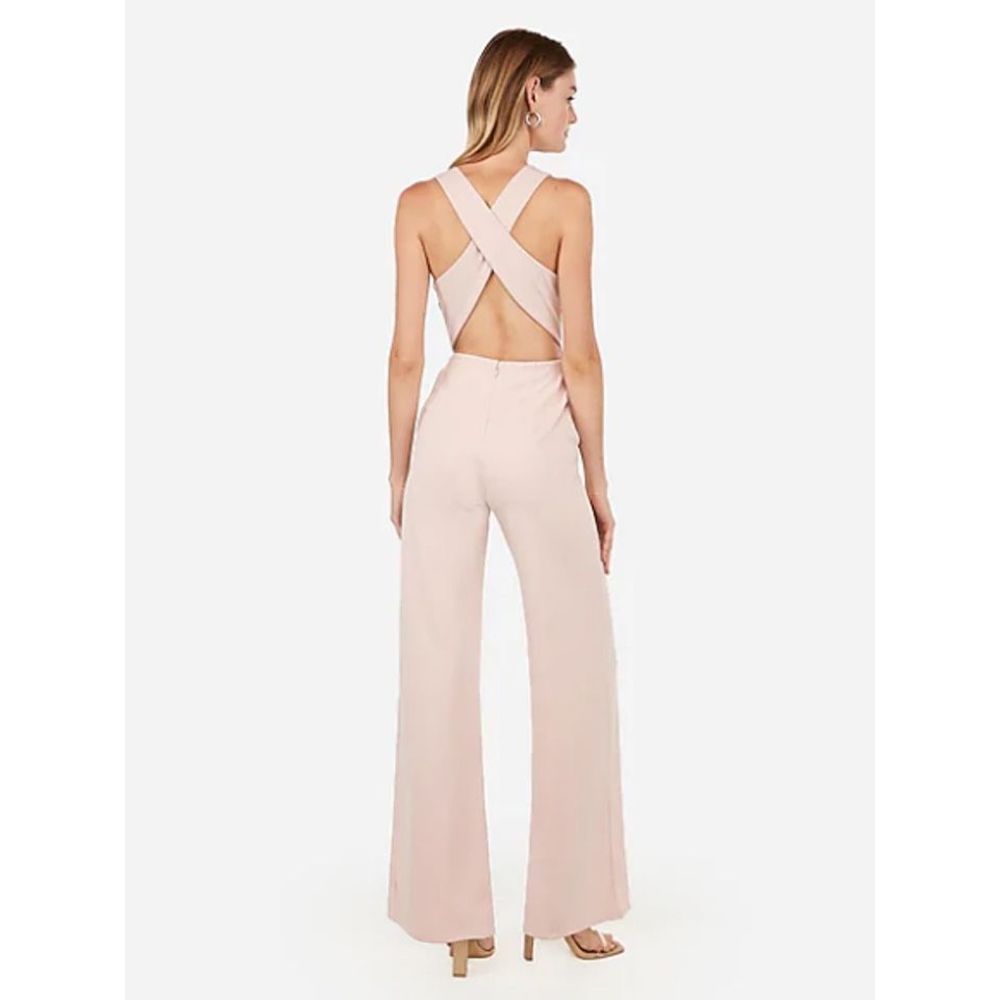 Express Light Pink Medium Jumpsuit V Neck Cross Back Knit Wide Leg Flare Jumpsui